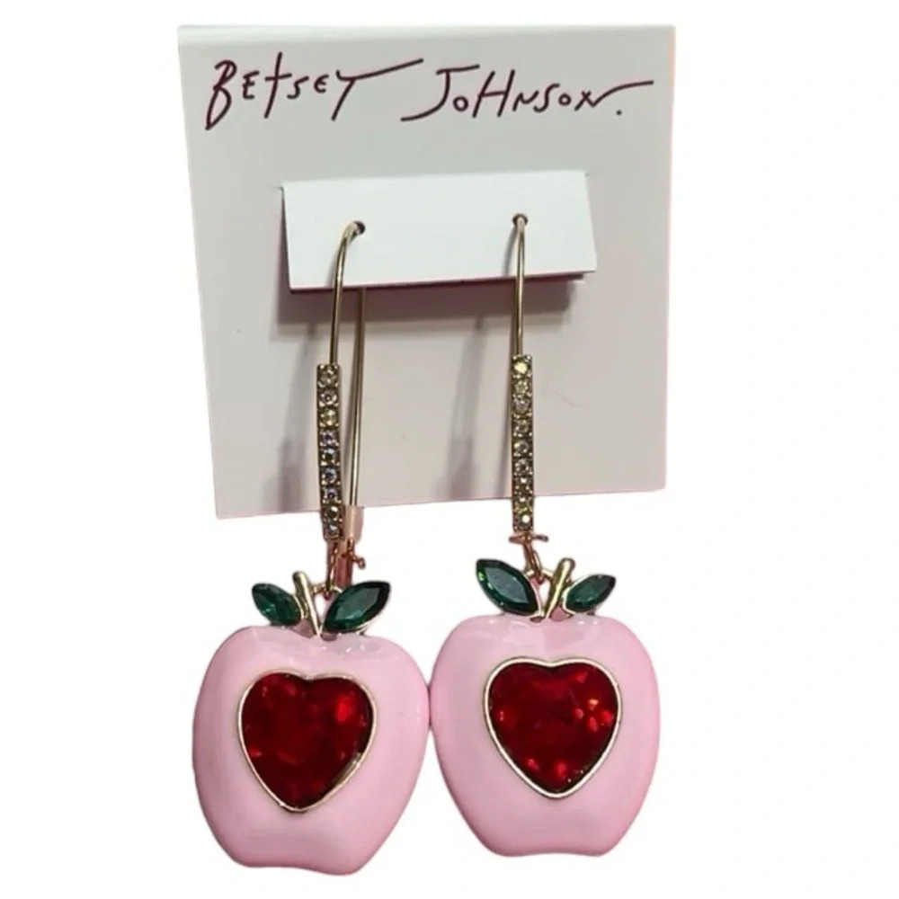 BETSEY JOHNSON Back to School Pink Apple with Red Crystals Drop Earrings NEW NWT